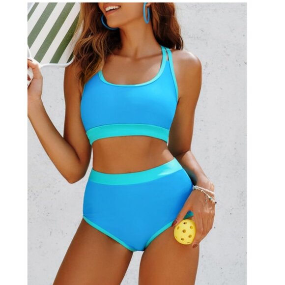 Hanna Nikole High Waisted 2 Piece Bikini Bottom/Top Blue Size Medium NWT - Picture 4 of 10